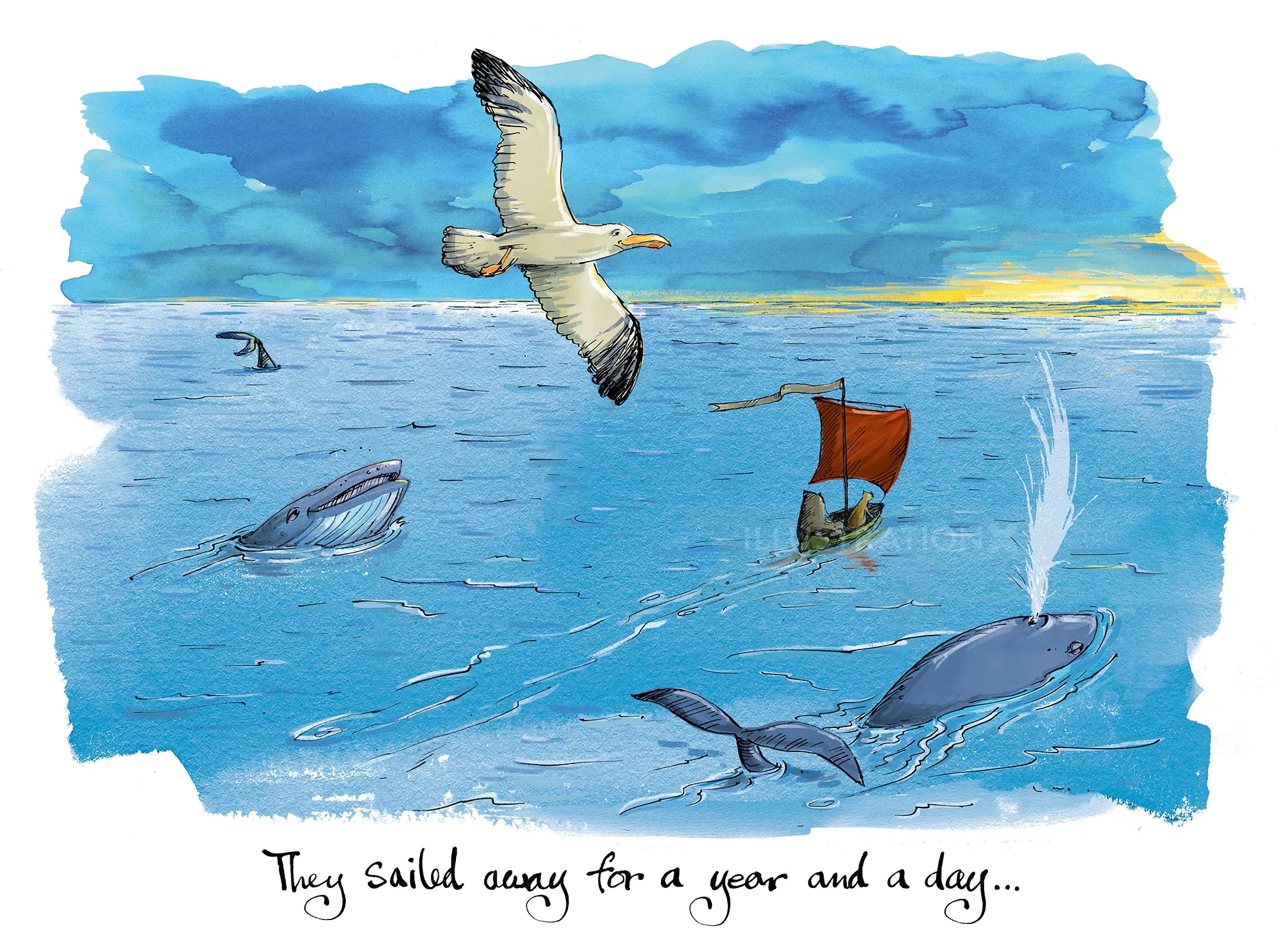 The Owl and the Pussycat sail on a boat with sea creatures below by Sholto Walker
