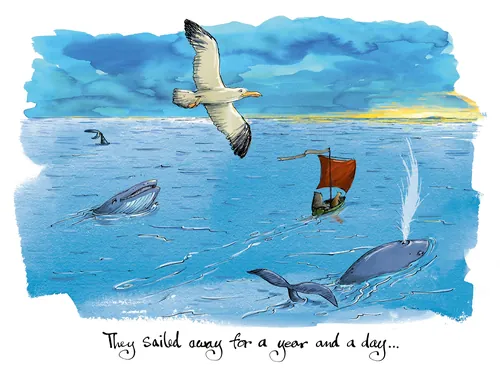 Die Eule und die Katze segeln auf einem Boot mit Meerestieren unter sich (von Sholto Walker)