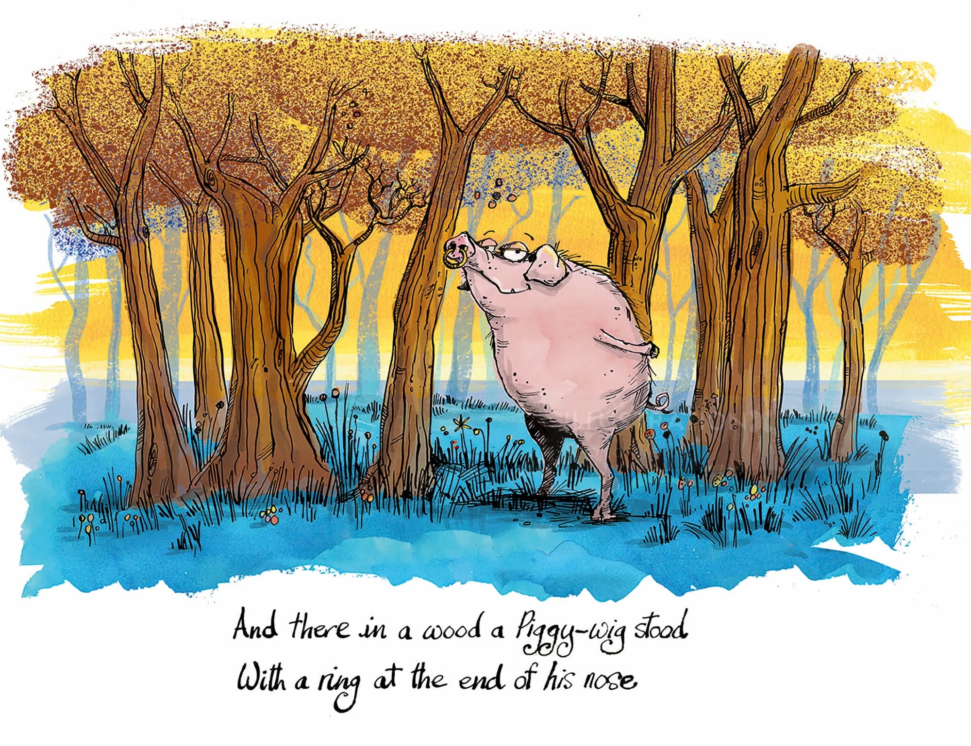 Schwein mit Ring auf der Nase steht im Wald von Sholto Walker