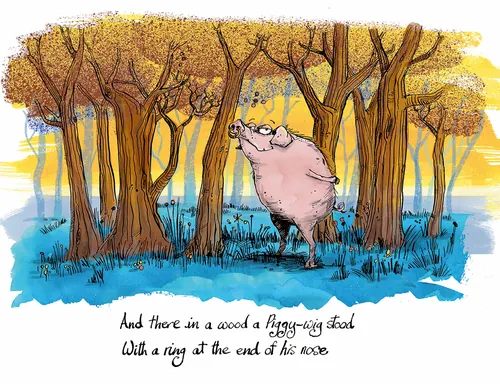 Schwein mit Ring auf der Nase steht im Wald von Sholto Walker