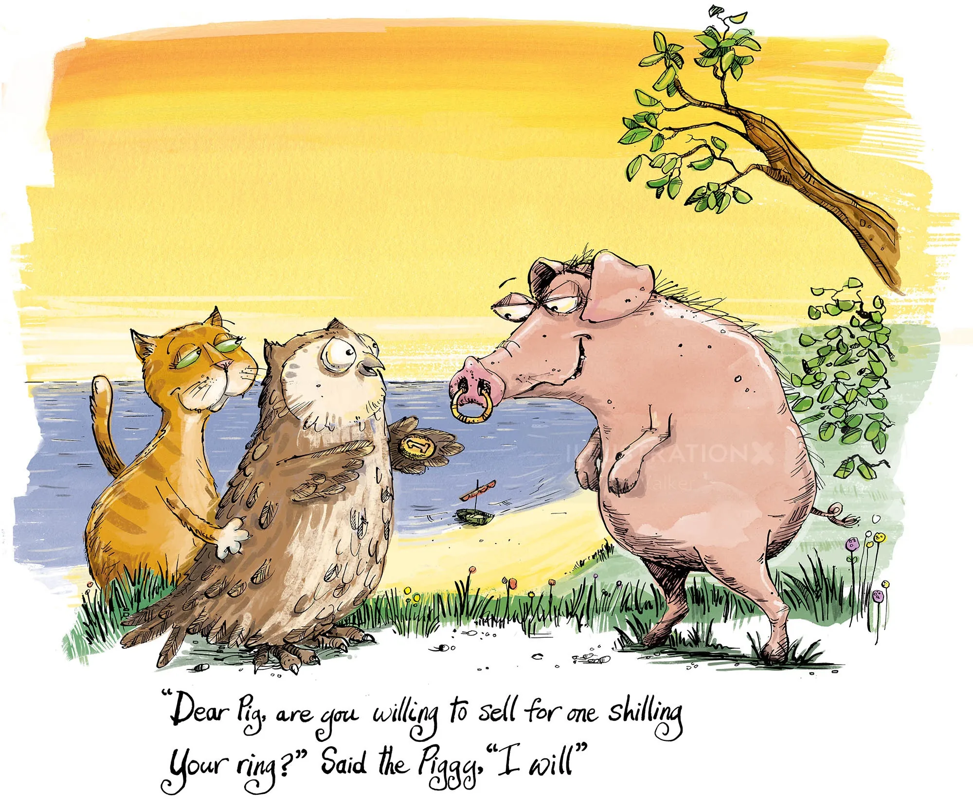 Illustration einer Eule, einer Katze und eines Schweins aus einem viktorianischen Kinderreim von Sholto Walker