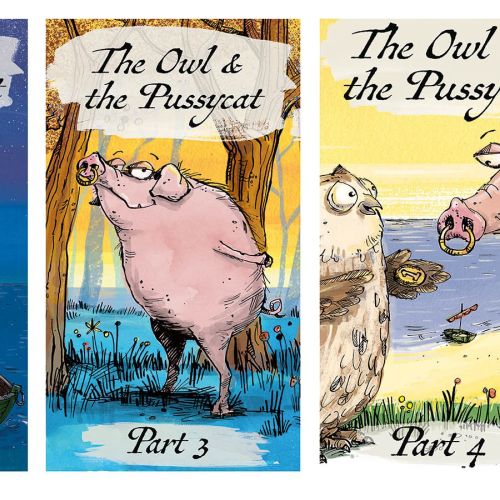Illustration of The Owl and the Pussycat in four title cards by Sholto Walker