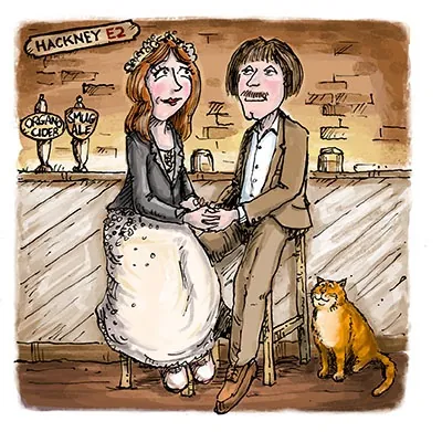 Just-married couple holding hands at a Hackney pub with a cat nearby by Sholto Walker