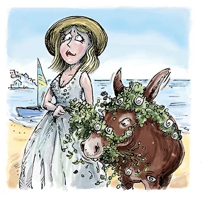 Bride and donkey on Mediterranean beach with bouquet, illustration by Sholto Walker