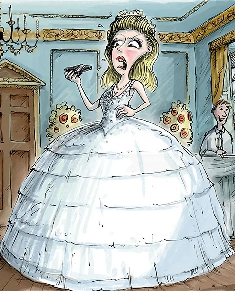 Humorvolle Illustration einer verzweifelten Braut, die in ihr Telefon schreit, von Sholto Walker