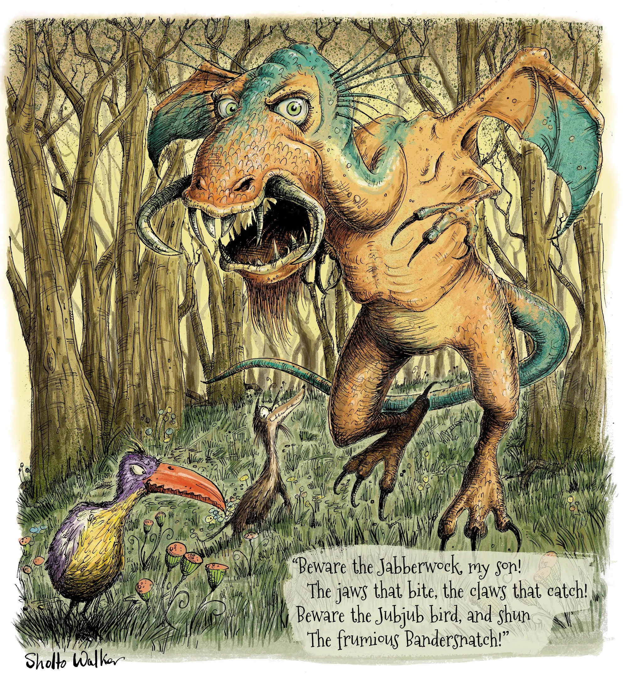 The Jabberwock monster with Jubjub bird and Bandersnatch in woodland by Sholto Walker