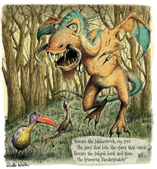 The Jabberwock monster with Jubjub bird and Bandersnatch in woodland by Sholto Walker