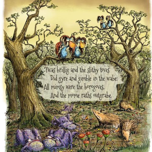 Sholto Walker illustration of Jabberwocky verse with fantastical creatures