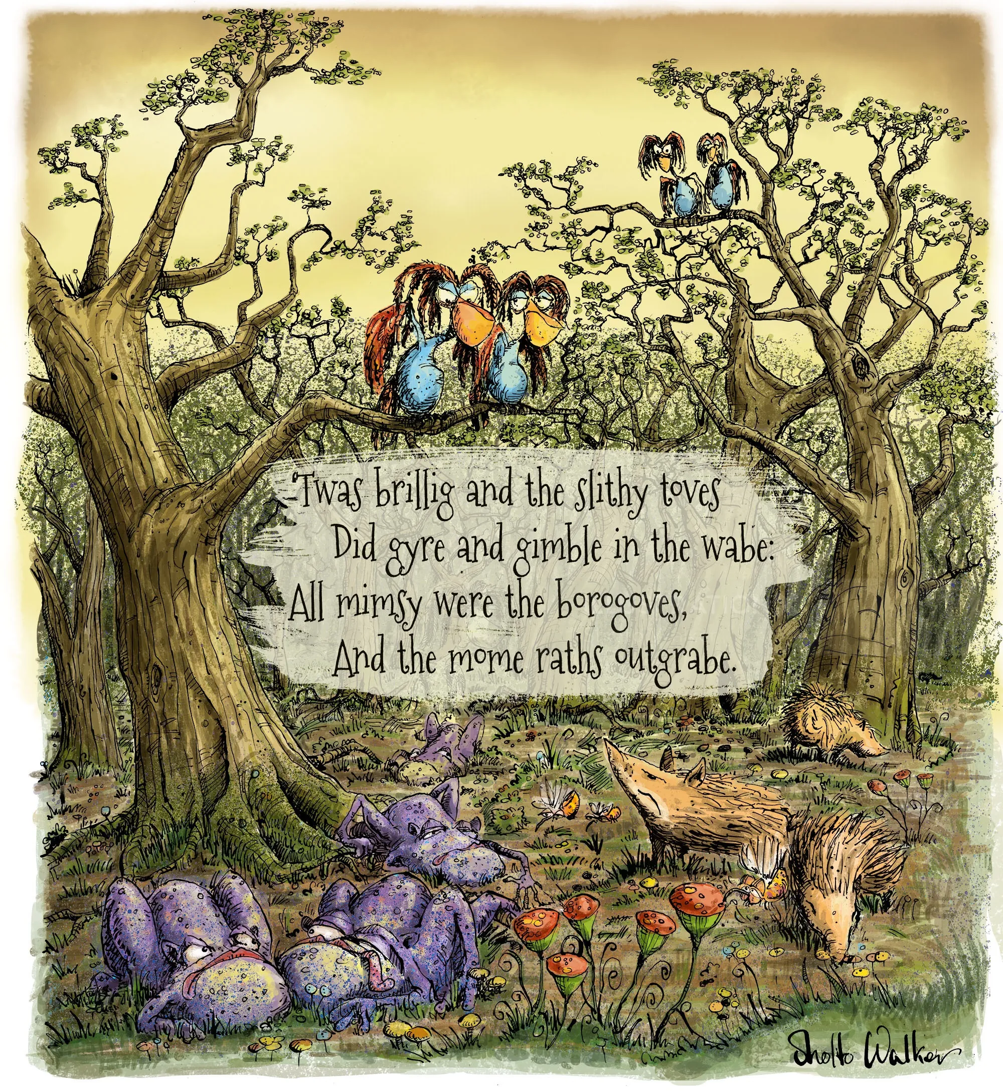 Sholto Walker illustration of Jabberwocky verse with fantastical creatures