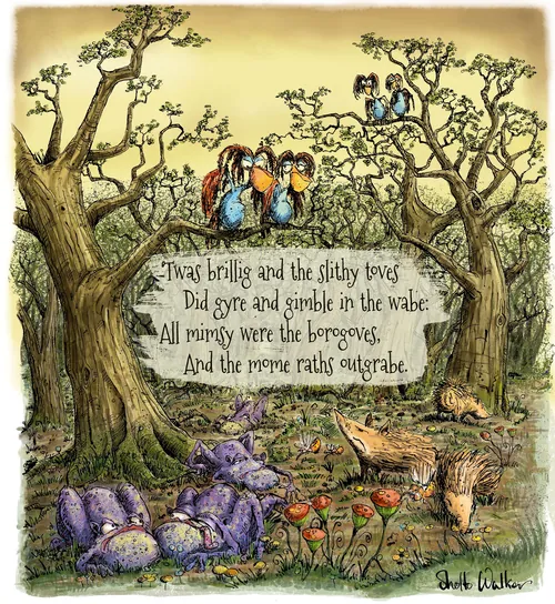 Sholto Walker Illustration eines Jabberwocky-Verses mit fantastischen Kreaturen