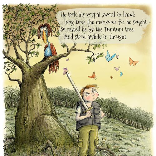 Boy with vorpal sword near tree and strange bird by Sholto Walker