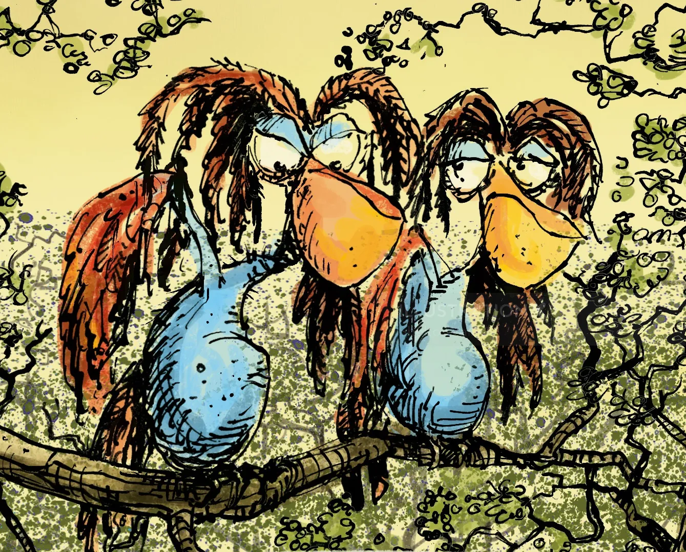 Zwei cartoonhafte, vogelähnliche Wesen mit hängenden Federn von Sholto Walker