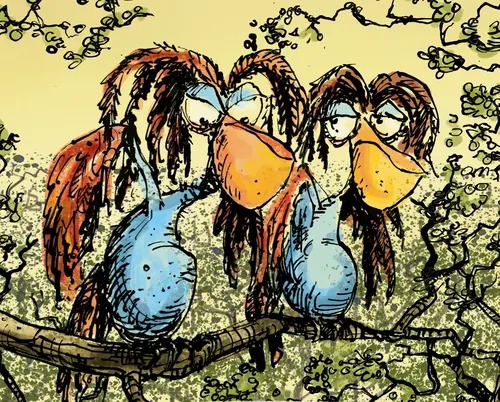 Zwei cartoonhafte, vogelähnliche Wesen mit hängenden Federn von Sholto Walker