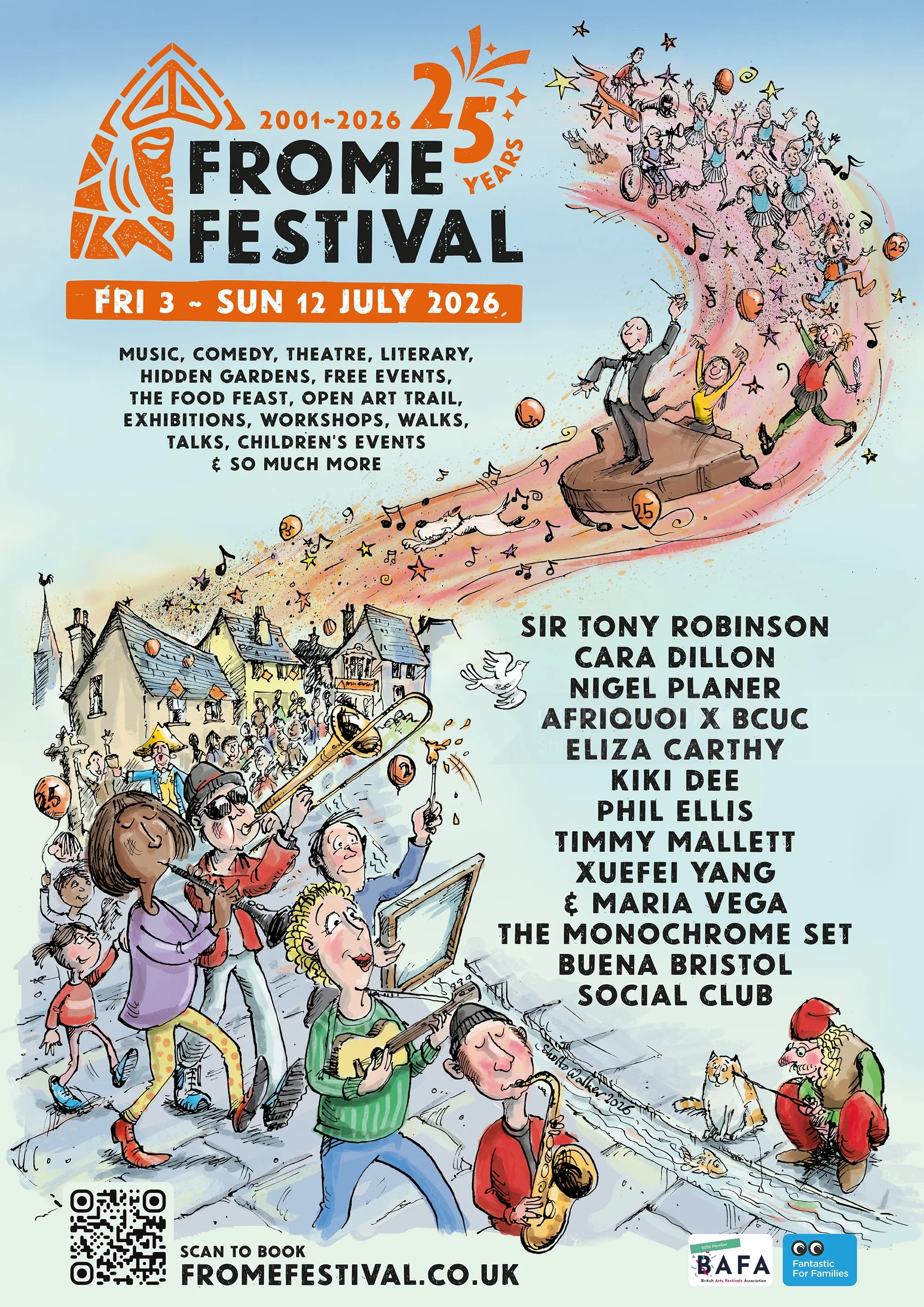 Illustrated Frome Festival 2026 poster with whimsical characters by Sholto Walker