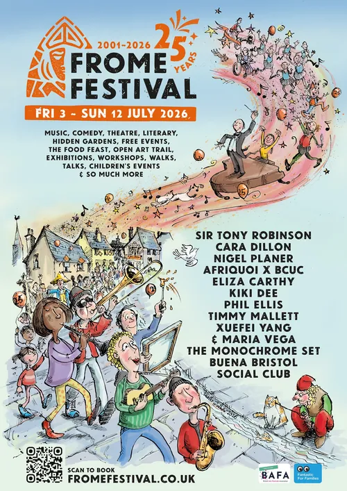 Illustrated Frome Festival 2026 poster with whimsical characters by Sholto Walker
