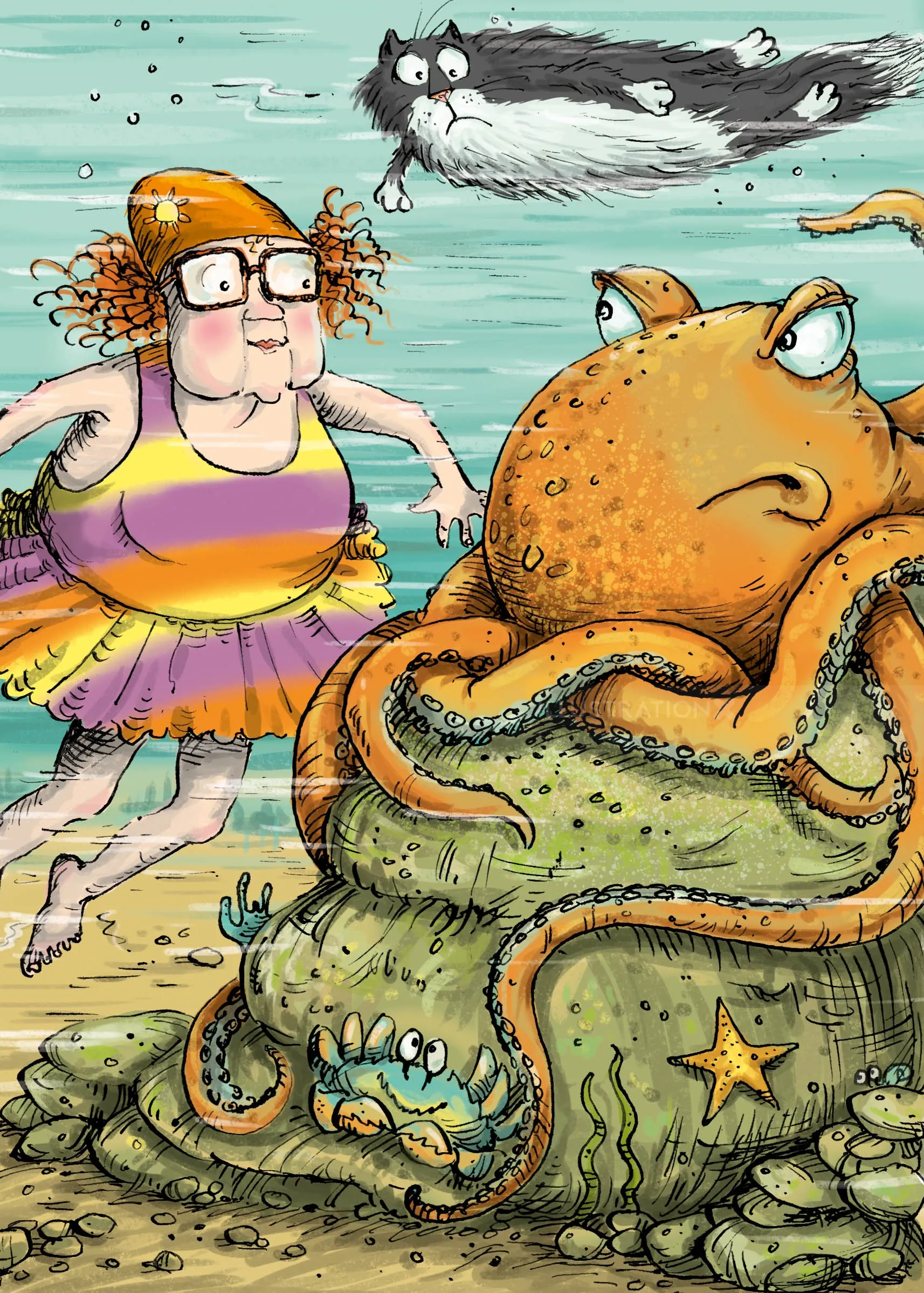 Sholto Walker illustration of an elderly woman, cat, and octopus underwater