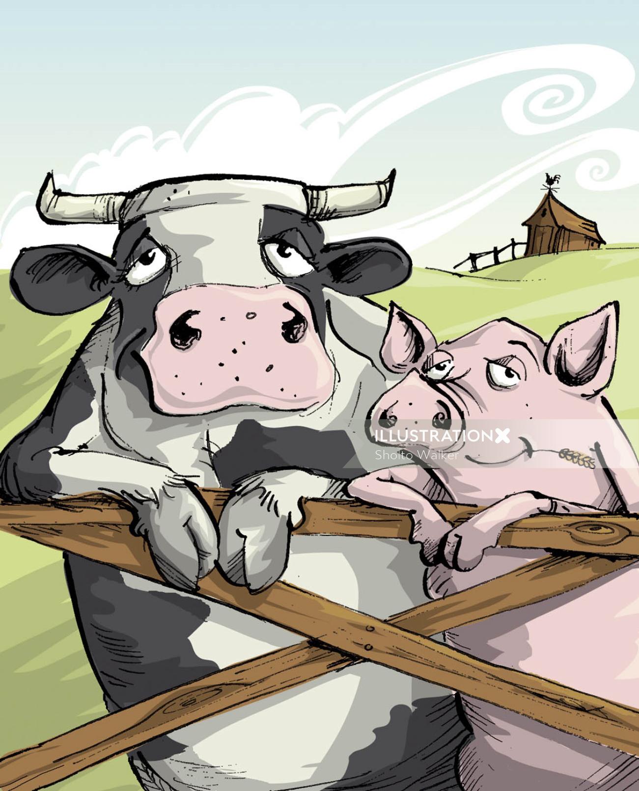 Animais Porco e Vaca encostados no portão de uma fazenda