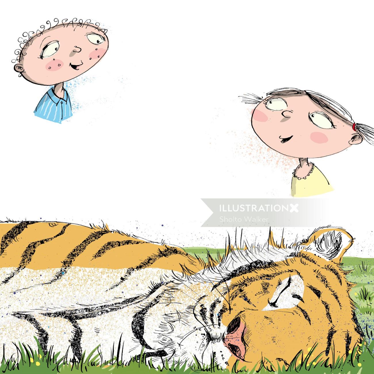 Cartoon &amp; Humour Deux enfants un tigre endormi