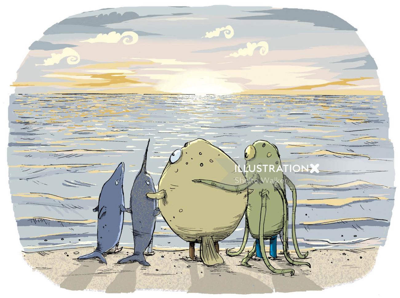 Desenhos animados e humor Família olhando para o mar