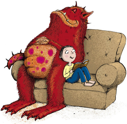 Boy and monster sitting in sofa - An illustration by Sholto Walker