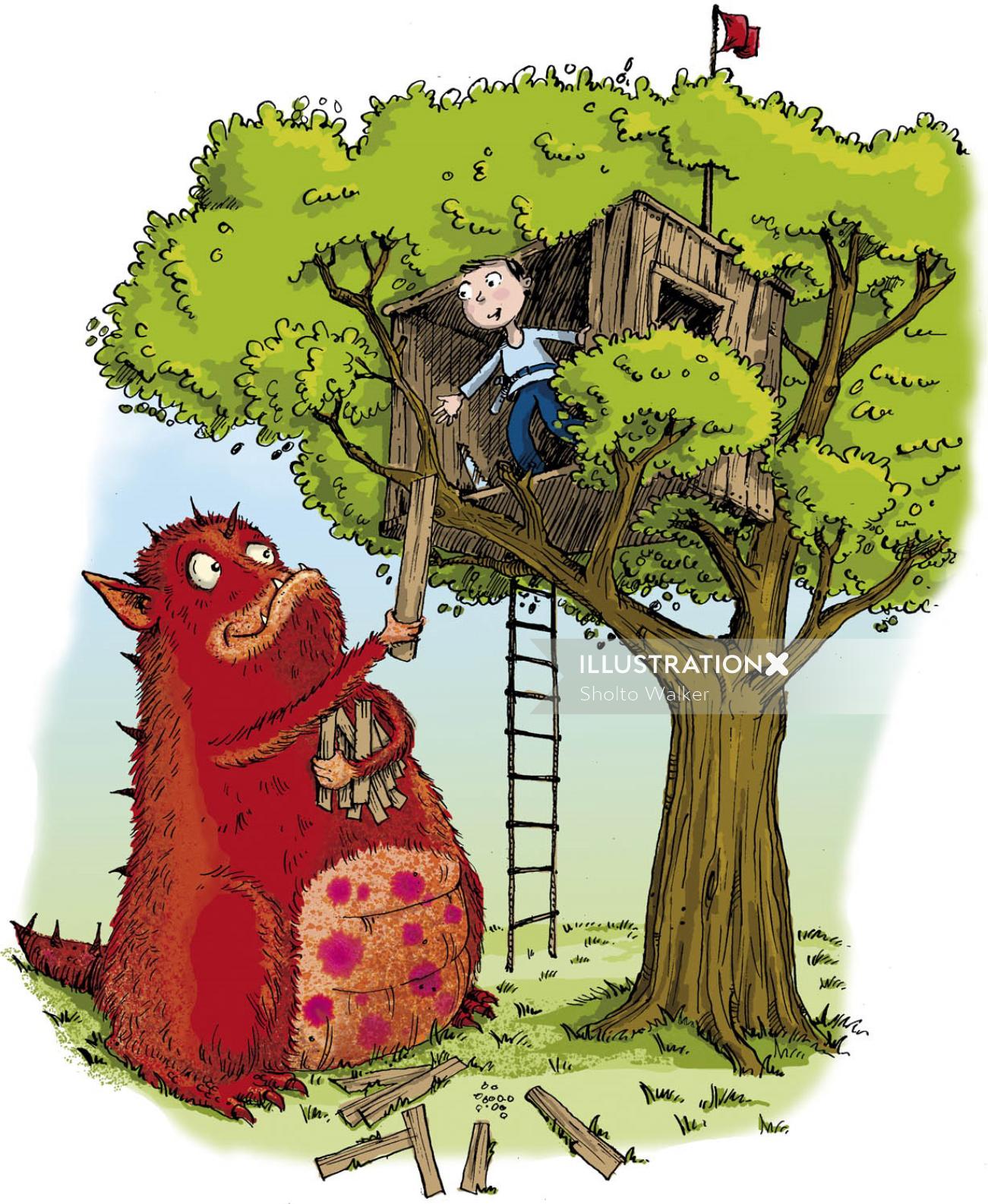 Menino e monstro construindo uma casa na árvore - ilustração dos desenhos animados por Sholto Walker