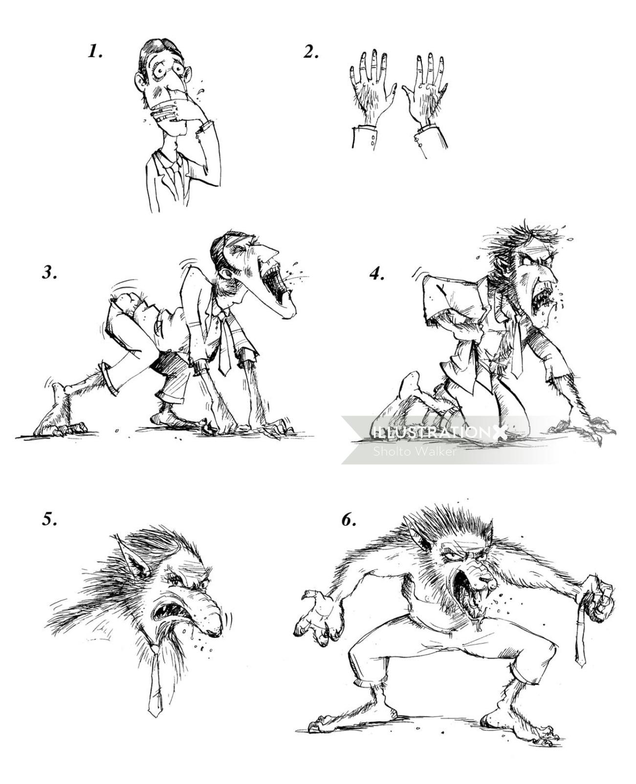 Ilustração de caneta e tinta para um homem-lobo