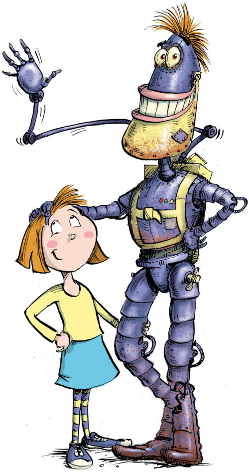 An illustration of robot & young girl standing together