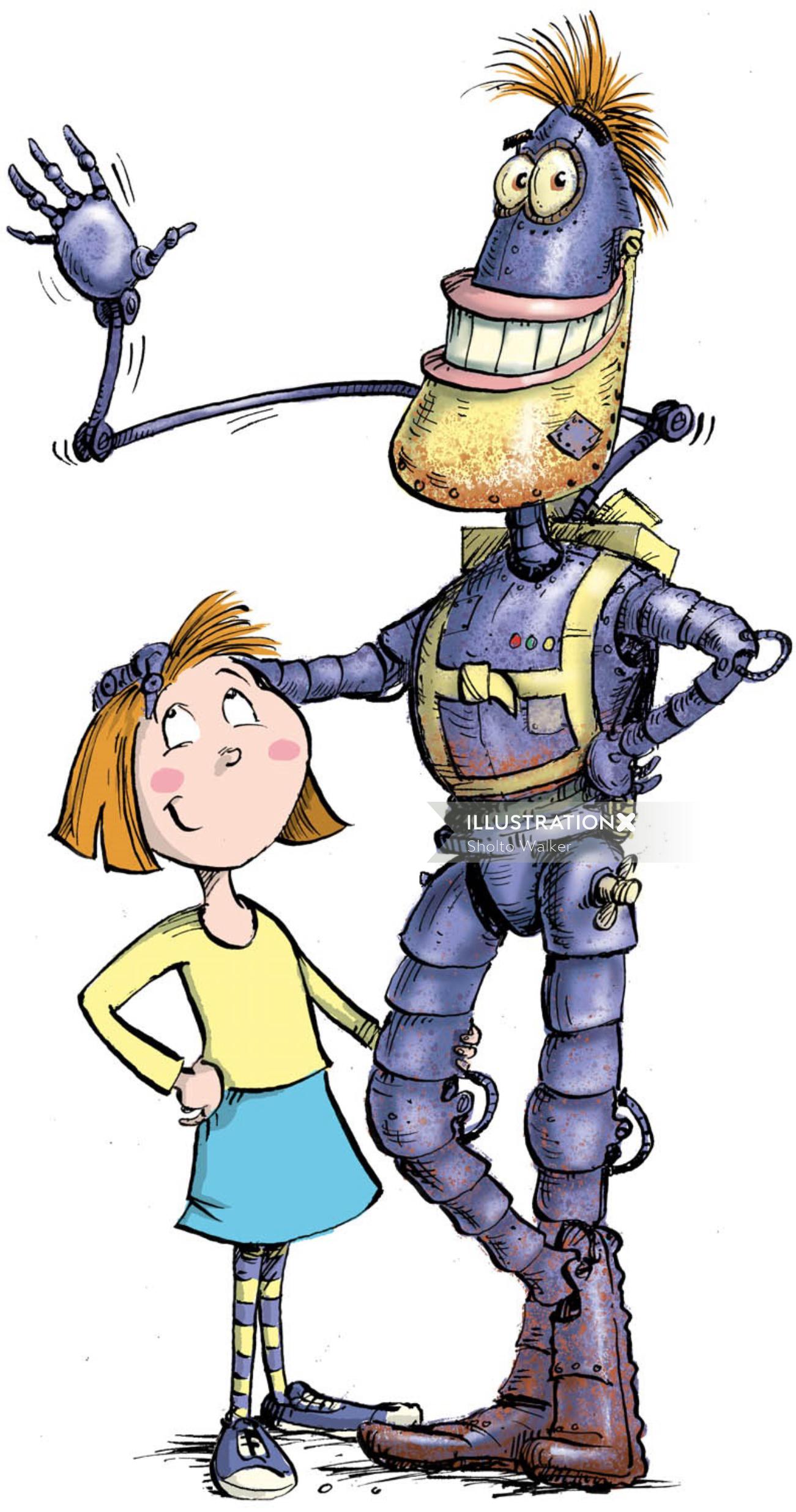 An illustration of robot & young girl standing together