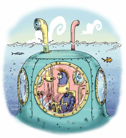 An illustration of purple robot driving a submarine 