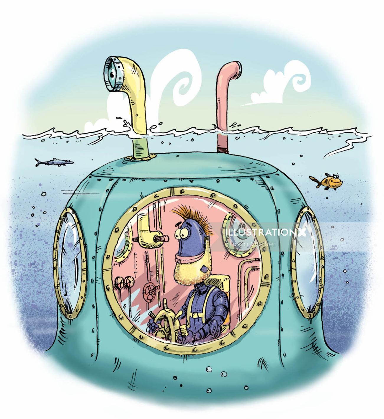 An illustration of purple robot driving a submarine 