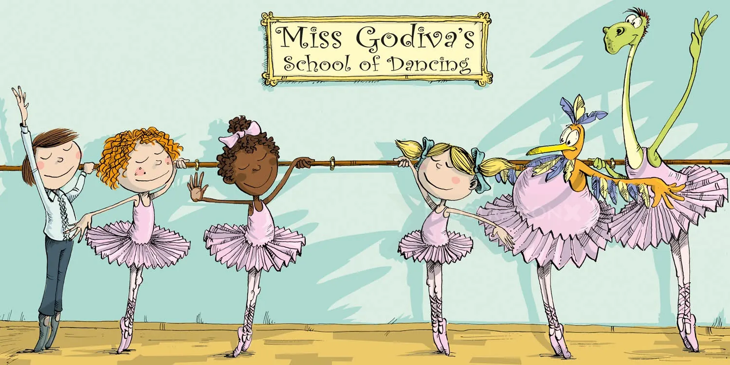 Children and monsters practicing ballet at Miss Godiva's School of Dancing by Sholto Walker