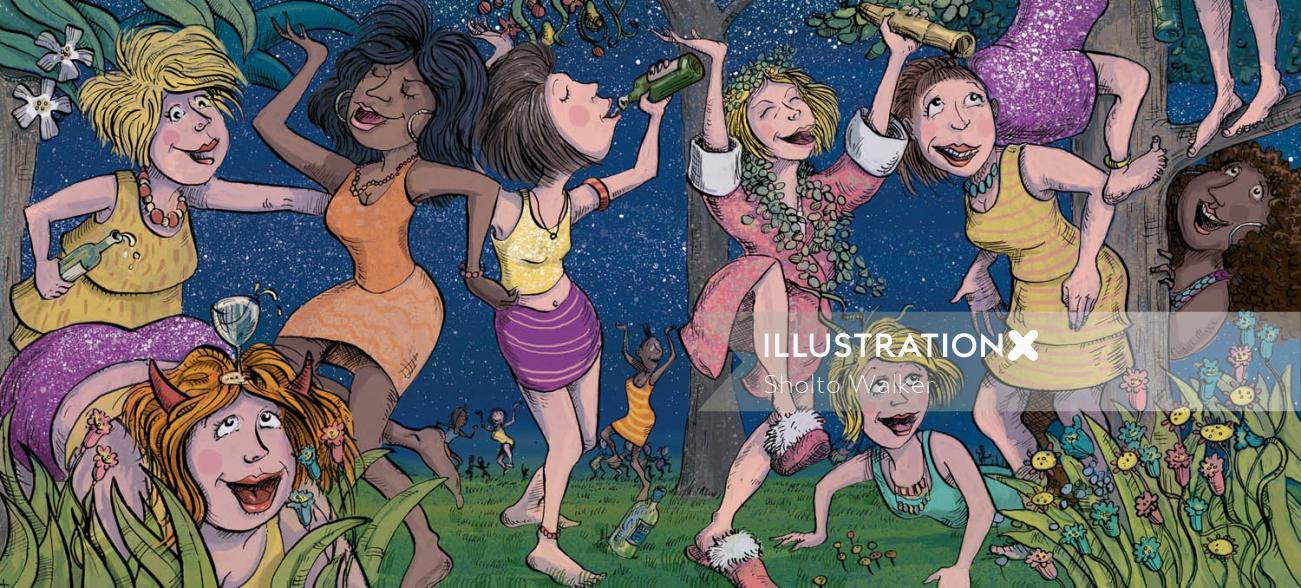 Uma ilustração mulheres tendo festa