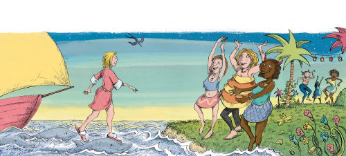 妇女在海滩上跳舞，Sholto Walker的插图