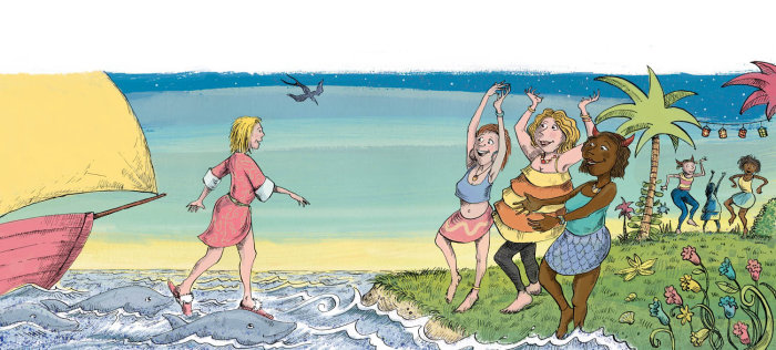 Mujeres bailando en la playa, ilustración de Sholto Walker