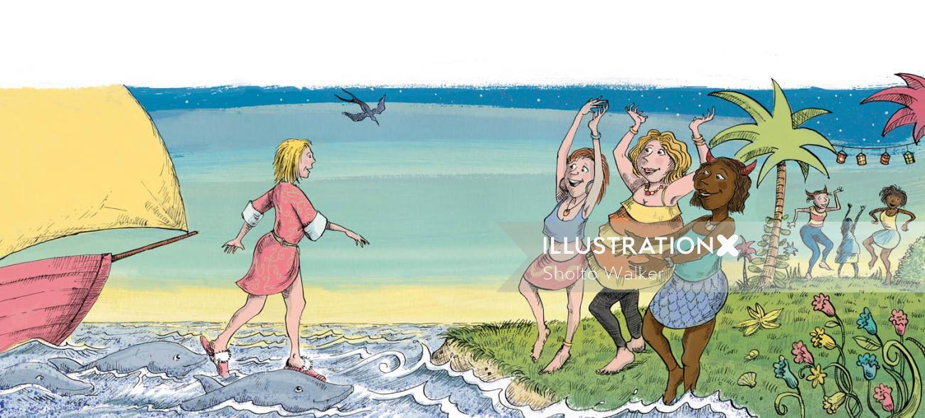 Mulheres dançando na praia, ilustração de Sholto Walker