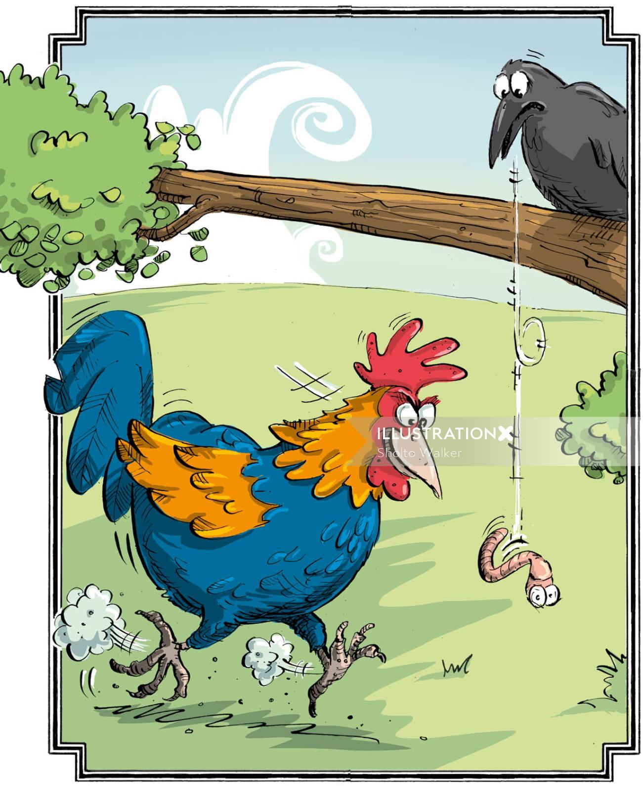 Illustration de coq et corbeau | Galerie de style humour