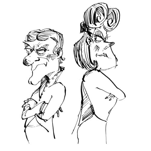 Black and white line drawing illustration of a man and woman