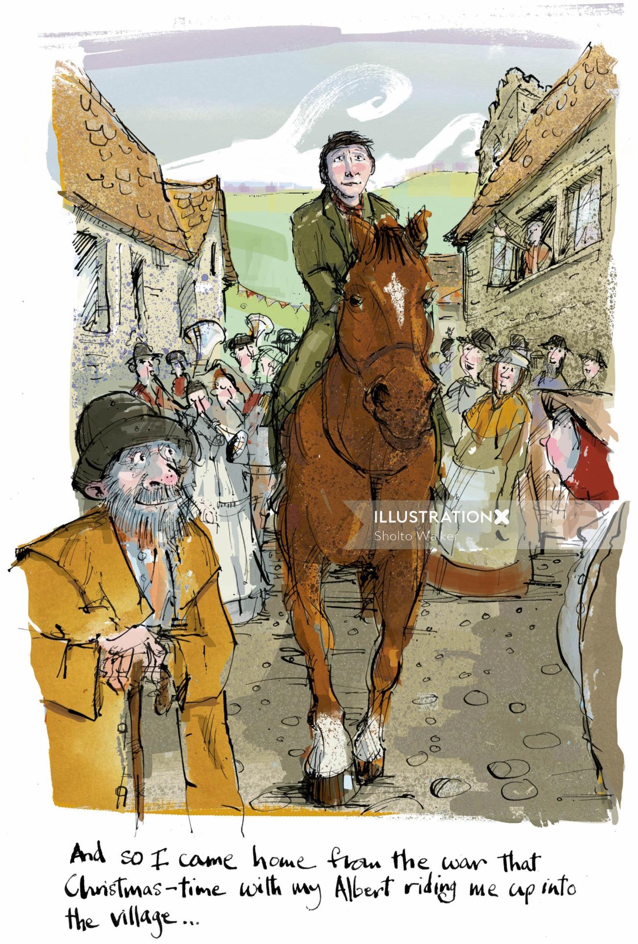 Imagem em aquarela do romance Warhorse de Michael Morpurgo