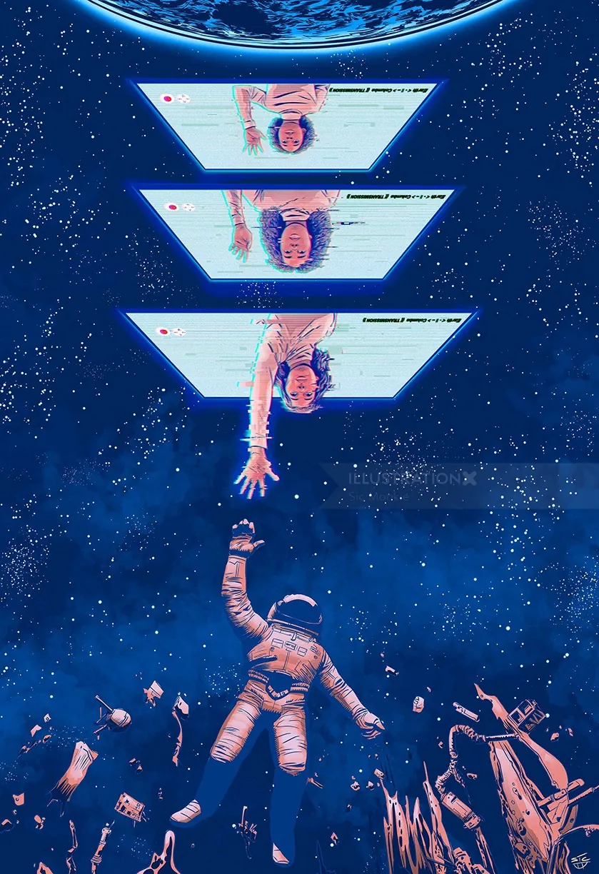 Astronaut reaching towards woman reflected in three screens against space background