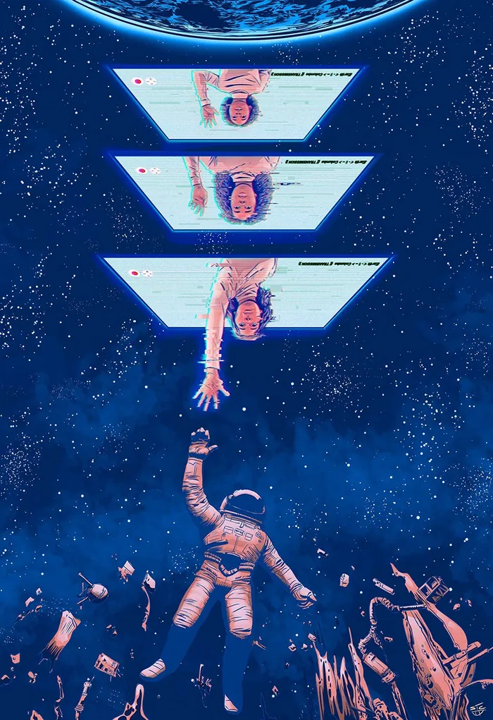 Astronaut reaching towards woman reflected in three screens against space background