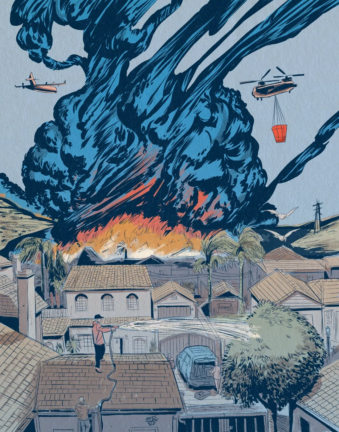 Helicopters dropping water on wildfire near houses in California