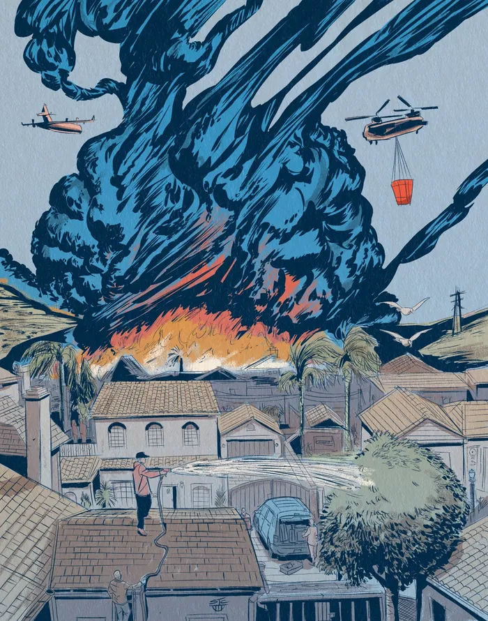 Helicopters dropping water on wildfire near houses in California