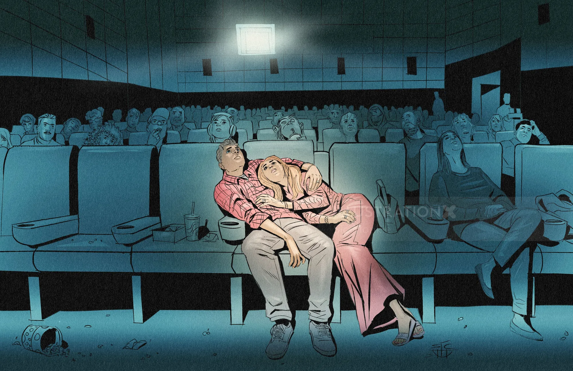 Couple resting in empty cinema seats after last ticket purchase