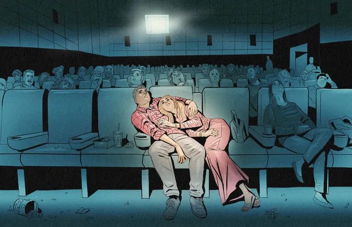 Couple resting in empty cinema seats after last ticket purchase