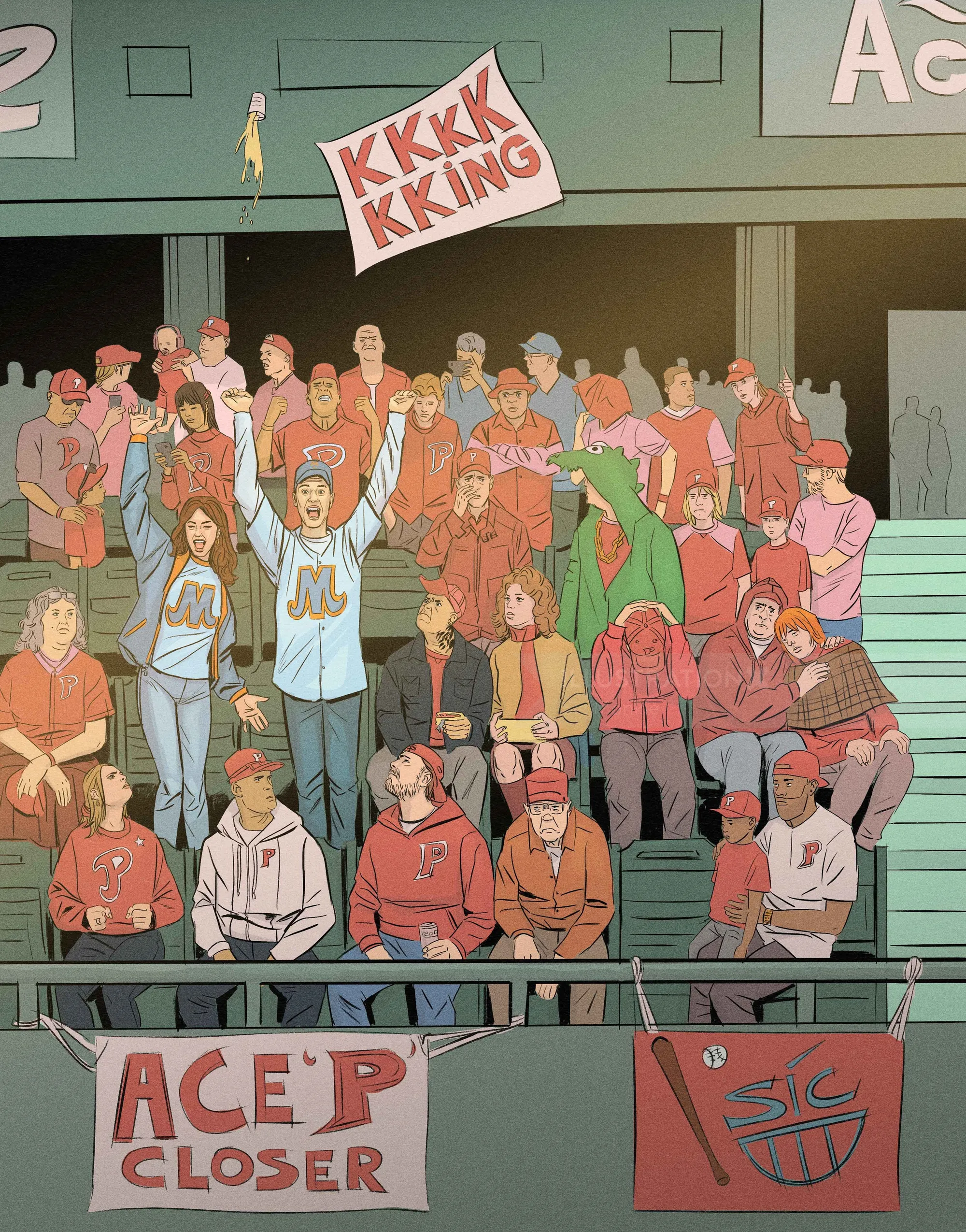 A Humorous Illustration of Energetic Cheering Crowd
