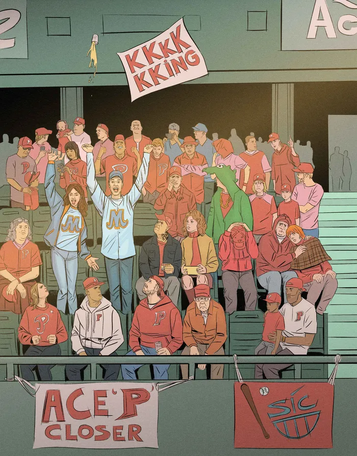 A Humorous Illustration of Energetic Cheering Crowd