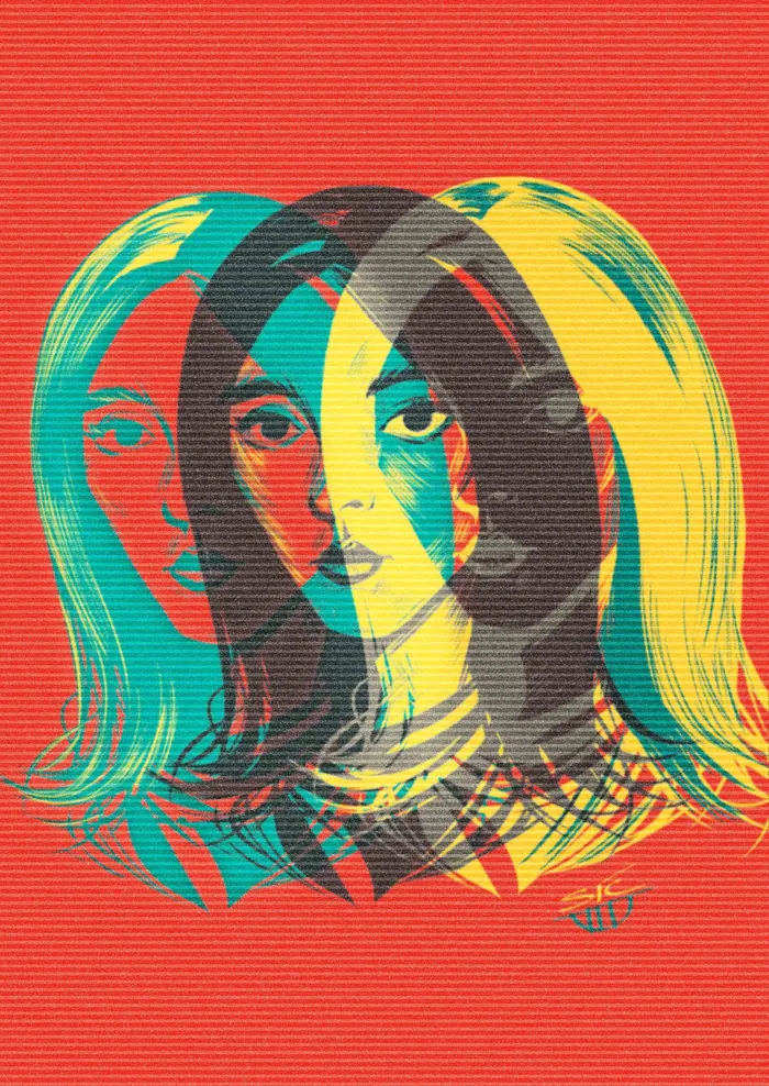 Multicolored overlapping portraits of a woman on red background