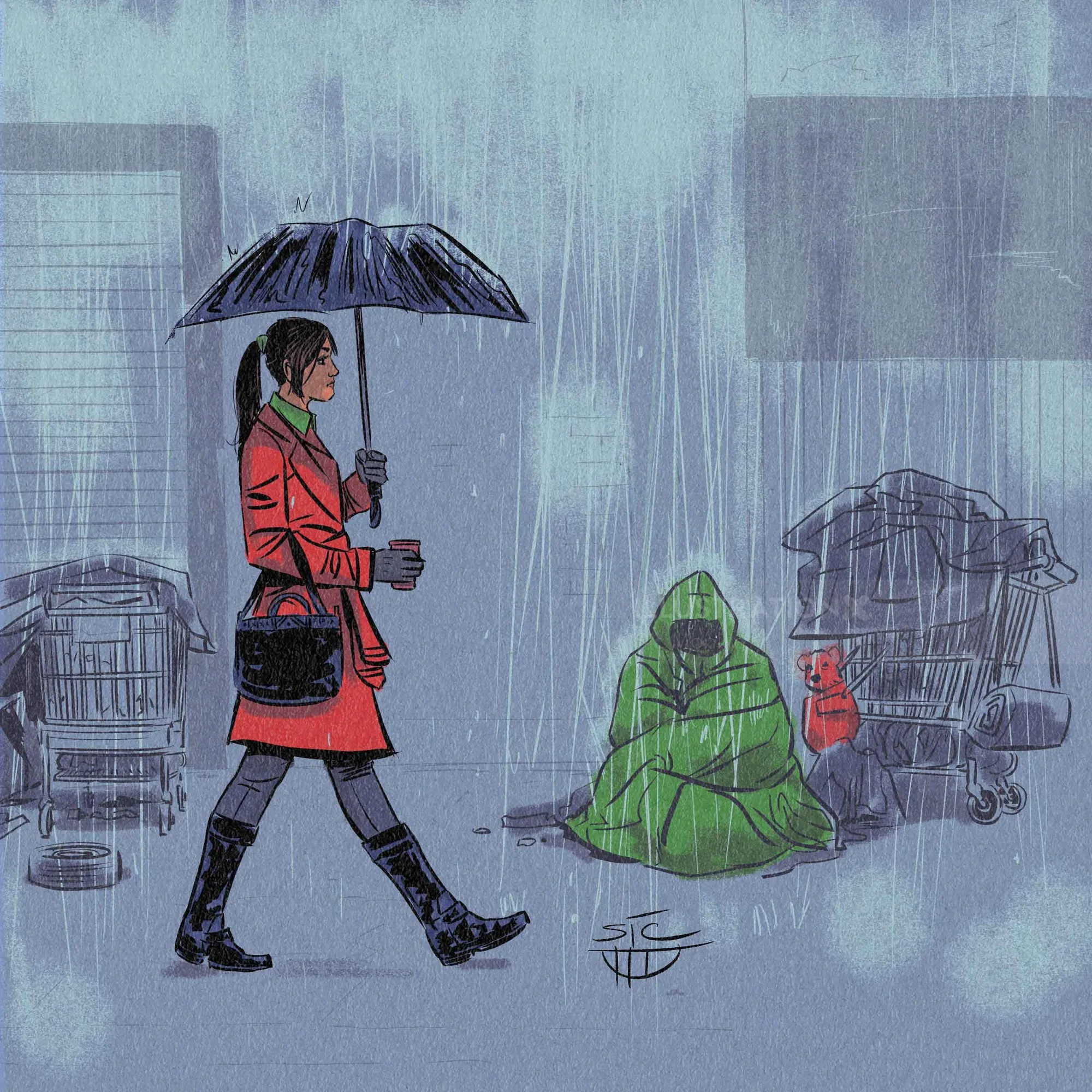 Woman walking in rain with umbrella past homeless person in green blanket