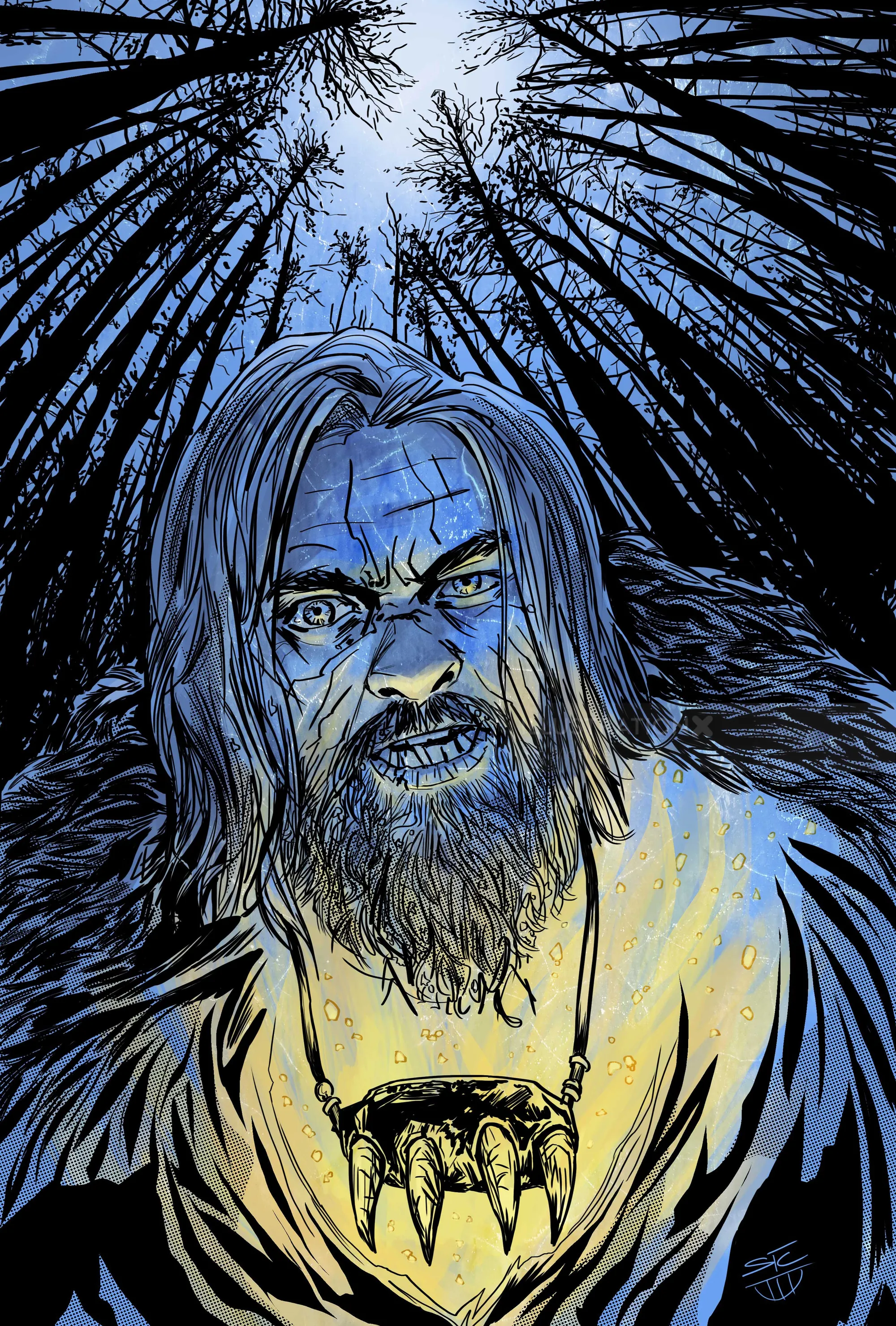Bearded man with intense gaze in dark forest under moonlight