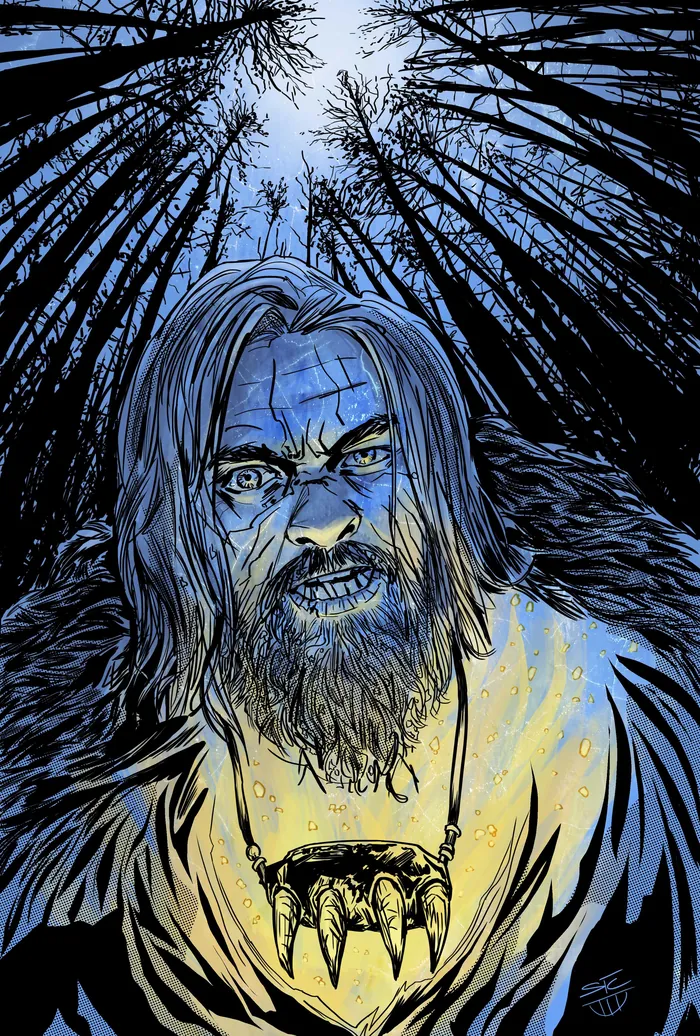 Bearded man with intense gaze in dark forest under moonlight